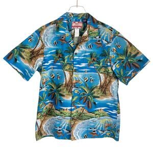 Vintage RJC Hawaiian Camp Shirt Men's Large Blue Palm Fish Turtle Made in Hawaii